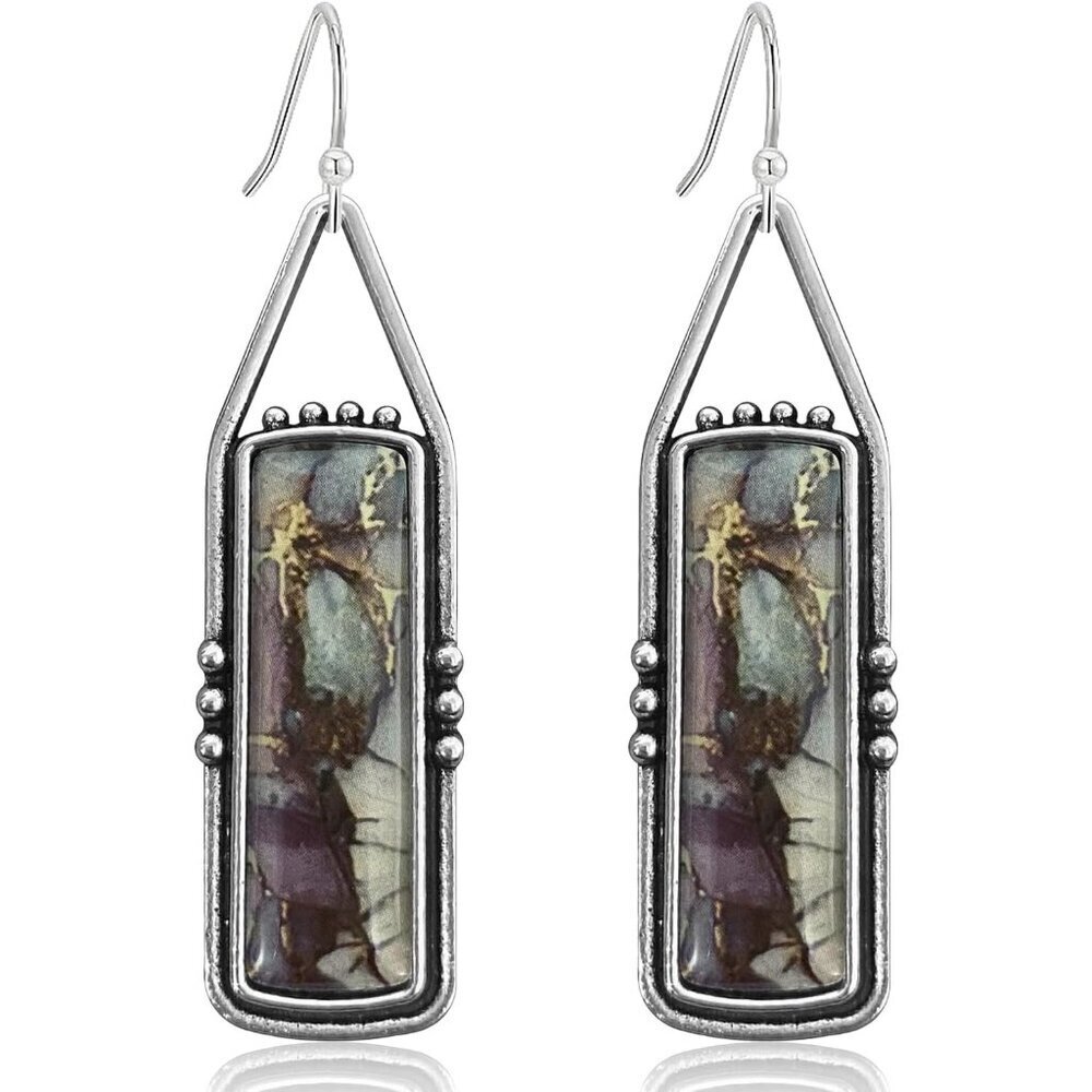Grey Handmade Bohemian Tribal Retro Colorful Square Bar Dangle Drop Earrings